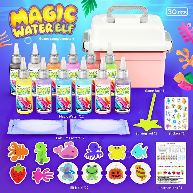 Magic Water Toy Elf Kit,Aqua Fairy Water Gel Kit 12 Magic Gels &12 Molds Make Your Own Water Pets,Toys for 4 5 6 7 Year Old Xmas Birthday Gifts Party Favors,DIY STEM Craft Kits Kids Toys Age 3+(Blue)