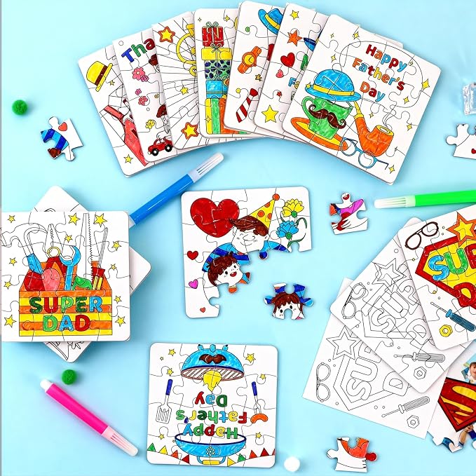 24 Set Fathers Day Crafts for Kids Toddlers Classroom Bulk, Father's Day Arts DIY Jigsaw Puzzle with Shirt Hat Tool, June Best Dad Activities for School Gifts Coloring Games Paper Toy projects