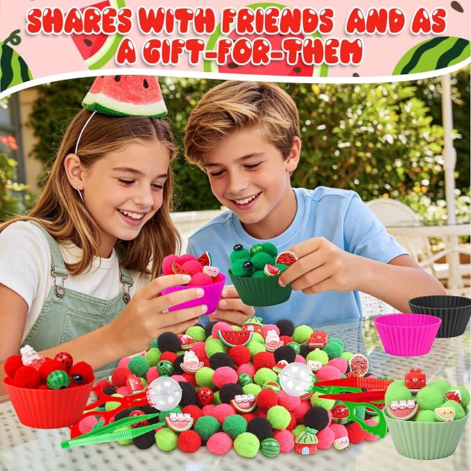 Watermelon Sensory Bin Filler-301Pcs Summer Fruit Fine Motor Sensory Bin Item Includes Tweezers Scissor Pom Poms Watermelon Resin for Summer Decor Counting Motor Skills Development