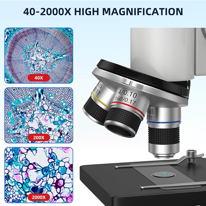 40-2000X Compound Microscope for Kids Adults Beginners | Lightweight Metal-Made / LED Light / Prepared Slide Kit and Storage Case Included / for Science Explore Education Gift