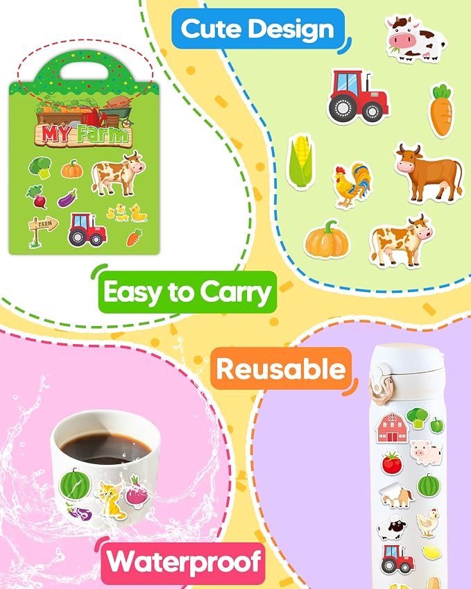 Benresive Reusable Sticker Book for Toddlers, Stickers for Kids, Travel Toy | Toddler Toys, Boys Girls Birthday Gifts, Airplane & Road Trip Essentials Kids, No Mess Waterproof Toddler Crafts Activities