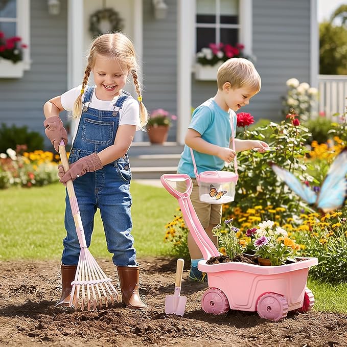 Dreamon Kids Gardening Set, 14Pcs Kids Gardening Tool with Bug Catching Kit | 2-in-1 Outdoor Toys with Wheelbarrow and Bug House, STEM Educational Toys for 3 4 5 Year Old Girls Boys Birthday Gifts, Pink