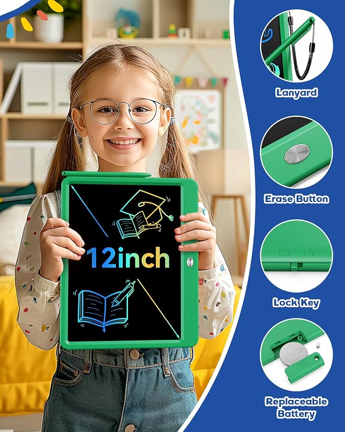 Bravokids 12 Inch LCD Writing Tablet for 3 Year Olds - Electronic Drawing Pad and Doodle Board as Educational Birthday Gifts for Girls and Boys (Green)