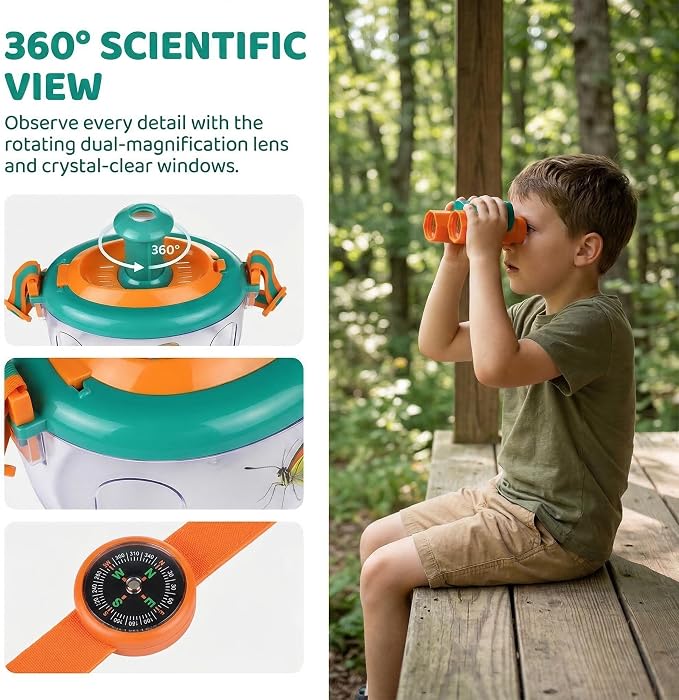 Bug Catcher Kit 13 Pcs - Insect Catching Set with Net, Habitat, Magnifier & Tweezers - STEM Outdoor Toy for Kids Age 3+ (Orange 13 Pcs)