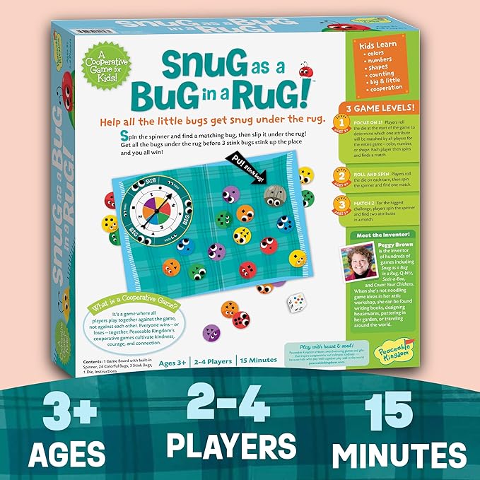 Peaceable Kingdom Snug as a Bug in a Rug Award Winning Cooperative Preschool Skills Builder Game for 2 to 4 Kids ages 3+ | Cooperative preschool game—match colors, shapes and counts to tuck the bugs in before the stink bugs sneak in, ages 3+