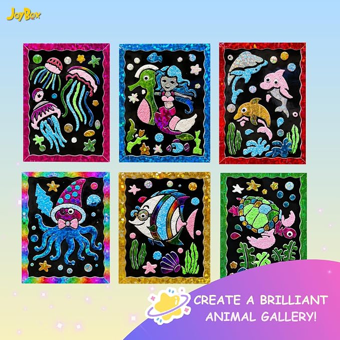 JoyBox Foil Fun–DIYKids Paper Foil Art Craft Kit for&Travel Screen-Free Fun | Birthday Party Gifts for Ages 4-9 and Up,Art Travel Toys for Boys Girls mermaid themes! includes glow‑in‑the‑dark sequins