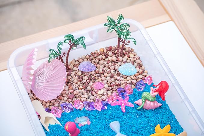 Mermaid Sensory Bin Kit for Kids | Blue Rice, Pinto Beans, Mermaids, Gems, Shells & Treasure Chest – Ocean-Themed Sensory Play with Storage Bin