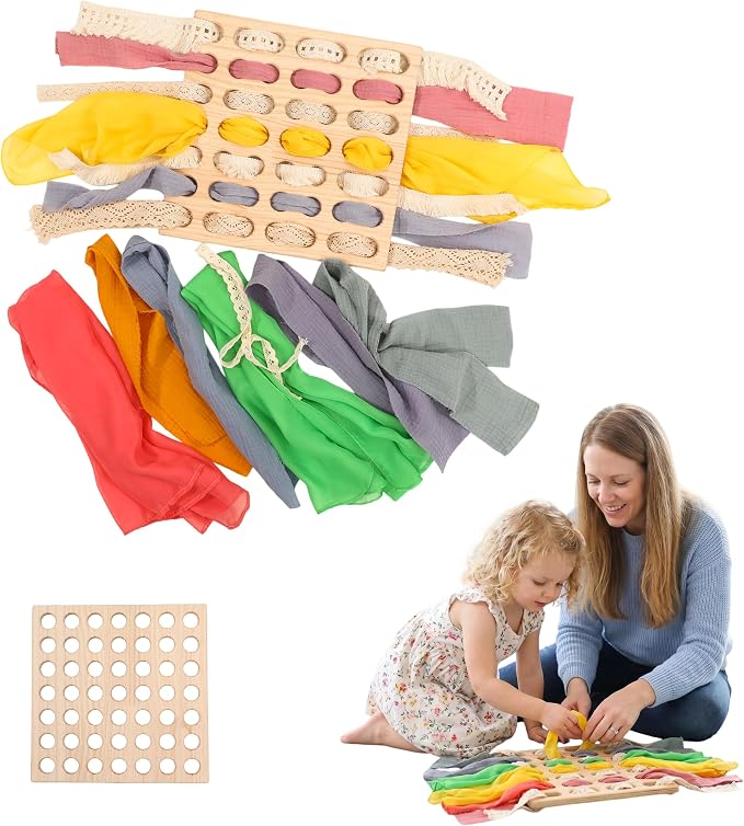 Eray Wooden Busy Board with Play Silks, Montessori Weaving Toy for Kids | Bus Fine Motor Skills Open Ended Toys Lacing and Weaving Toy Preschool Learning Activities