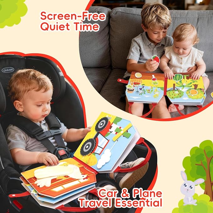 Busy Book for Toddlers - Montessori Sensory Toys for Boys & Girls Preschool Learning, 8-Page Felt Quiet Activity Board for Fine Motor Skills, Travel Toys for Airplane Car Games (Farm Animals)