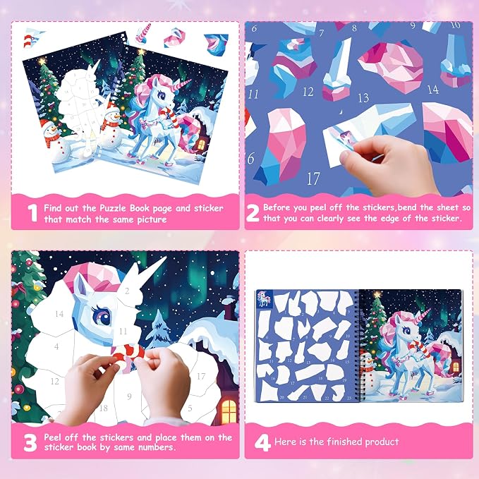 4Pcs Paint by Number Sticker Book with Story for Kids Ages 4-8 | Paint by Sticker Activity Books for Girls, Screen-Free Travel Airplane Car Toy, Art Craft Puzzle Gift for kids 3-12
