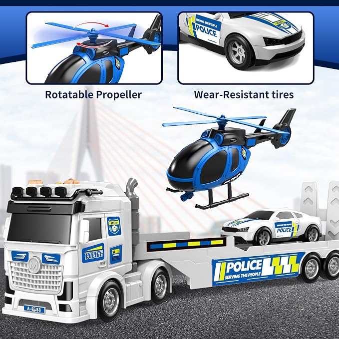 Kids Toys for Ages 3 4 5 6 7 8 Years Old Boys, 25" Large Police Semi Truck with Helicopter & Race Car, Friction Powered Vehicle with Lights & Sounds,Birthday Gift for Boys Girls