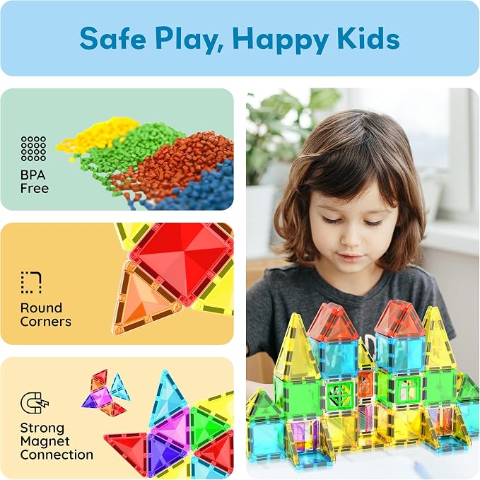 PicassoTiles Magnet Tile Building Blocks 48 Piece Travel Sized Playset with Windows and Clip-on Doors Construction Stacking Magnetic Tiles Block Learning Educational STEM Toy Boys Girls Age 3+ PTM48