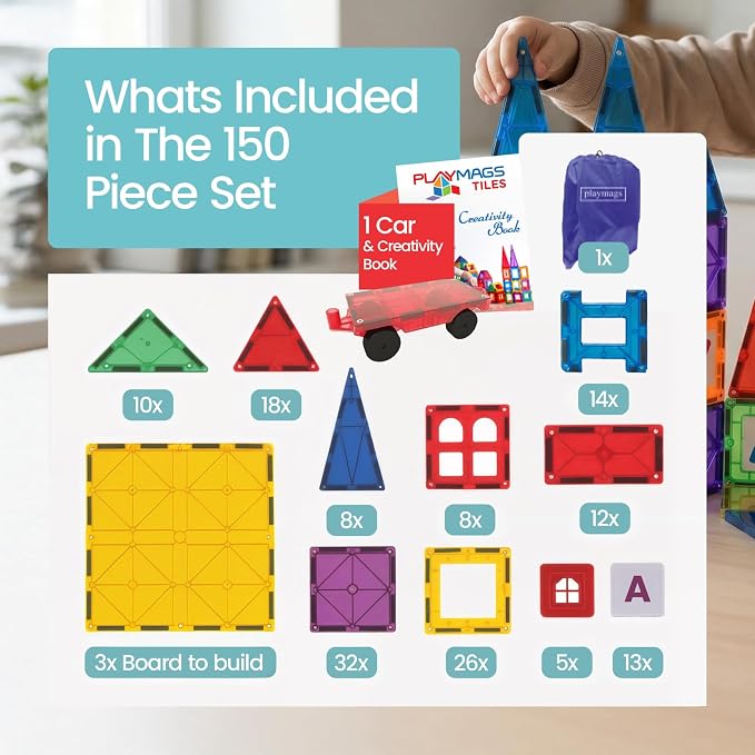Playmags Magnetic Tiles for Kids 150-Piece Set, STEM Educational Building Blocks Toys for Kids, Includes Click-in ABC Learning Tiles, Gift for Boys & Girls, Add on Magnetic Figures, Car Set Available
