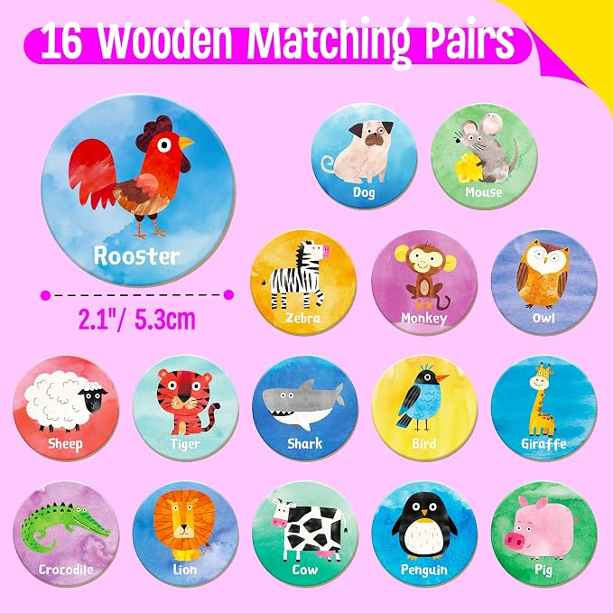 SpriteGru Wooden Memory Matching Game, 32 PCS Matching Animal Wood Chips Educational Matching Game for Toddlers Preschool 4 5 6 Years Old