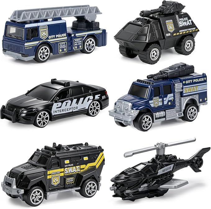 6 Pack Diecast Police Car Toy Set, Mini Alloy Models Police Car Toys for Boys 3-5 6 7, Armored Vehicle, Bulletproof Car, Rescue Truck, Military Helicopter, Armed Car Police Toys Kids Birthday Gift