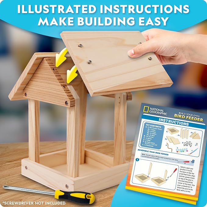 National Geographic Build Your Own Bird Feeder Craft Kit for Kids | DIY Wooden Bird Feeder, Paints and Brush, Bird-Watching Journal, Educational Poster, Outdoor Nature Craft, Birthday Gift