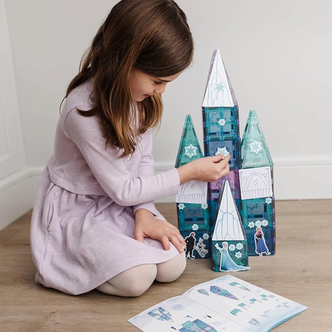 Tytan Toys Disney Frozen Magnetic Tiles Princess Castle - 68-Piece STEAM Building Set with Glitter Tiles & Elsa, Anna, Olaf Stickers - Educational Frozen Toys for Girls Age 3-4+
