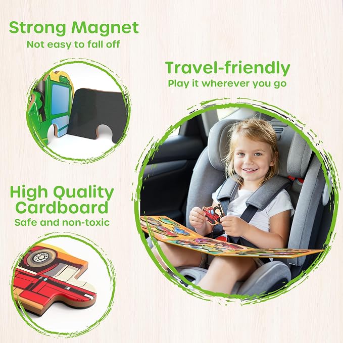 SYNARRY Construction Vehicle Toys Magnetic Puzzles for Kids Ages 3-5 | Magnetic Travel Puzzle for Kids Ages 4-6, Car Airplane Road Trip Activities, Construction Vehicle Excavator Birthday Gifts