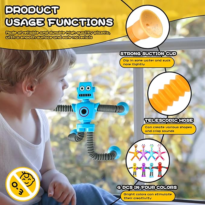 8pc Robot Giraffe Sensory Travel Toys for Toddlers Boy Ages 3 4 5 6 7 8, Airplane Activities Suction Autism Pop Tube Fidget Autistic Stocking Easter Basket Stuffer Valentine Gift for Kids