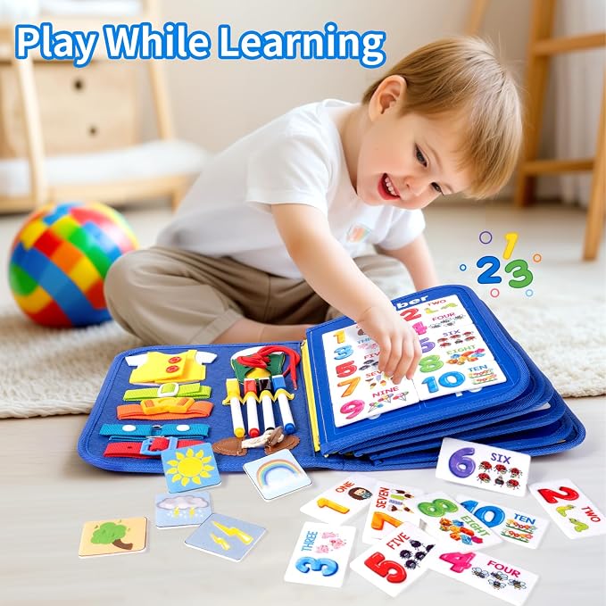Toddler Busy Board, Montessori Busy Book, Quiet Educational Activity Book | 12-Page Learning Sensory Toys for Car Airplane, Toddlers Travel Toy for Motor Skills, Birthday Gifts for Boy Girl Kids (Blue)