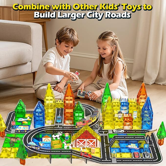 Magnetic Tiles Road Set, Roads Expansion Pack, Magnetic Blocks Building Toys for Toddler, Creative Montessori Toys for 3+ Year Old Boys & Girls, Ideal Gifts for Kids Ages 3-5 5-7