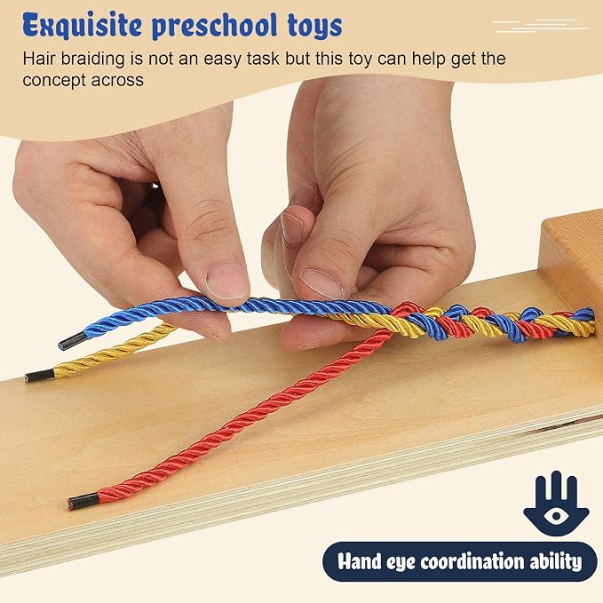 WRITWAA Wooden Hair Braiding Kit for Kids, Practice Board | Montessori Learning Activity, Develops Hand-eye Coordination, Fine Motor Skills, Smooth Edges, 11.79 Inch Size, Preschool Use
