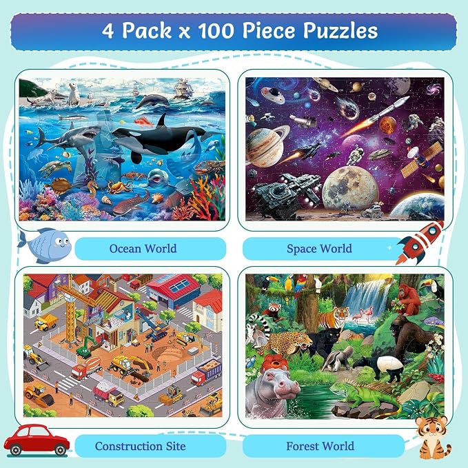 100 Piece Puzzles for Kids Ages 4-6 4-Pack Jigsaw Puzzles Set | Educational Learning Toys for Kids Ages 6-8 8-10, Birthday Gifts for Girls Boys