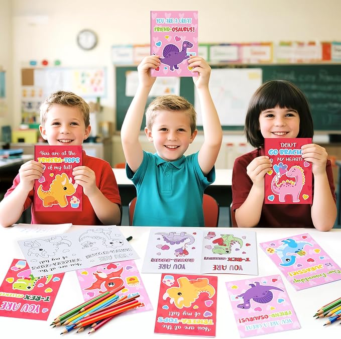 Dvbonike 24Pcs Valentine's Day Dinosaur Coloring Books - DIY Color-in Pages Booklet Bulk Sweet Message Drawing Pattern Party Favor Gifts Home School Classroom Rewards Art Activity Supplies for Kids
