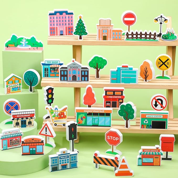 Kathfly 36 Pcs Wooden Community Helpers Buildings, Career Figures Toy | Multicultural Career Blocks for Social Emotional Learning, Creative Play Figures, Preschool Classroom Teaching Wooden Set