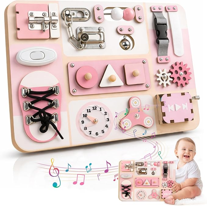 Montessori Busy Board for Baby & Toddlers 1-3 | Wooden Sensory Activity Board with 13 Activities, Real Metal Locks & Latches | Fine Motor Skills Educational Toy for 1 2 3 Year Old