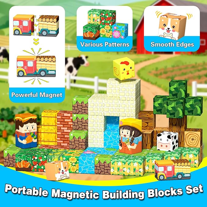 Mini Magnetic Blocks, Magnet Building Cubes, Farm Animal Travel Outdoors Toys with Portable Iron Box, STEM Montessori Sensory Educational Toys for Toddlers, Gift for Kids Ages 3-8 Boys & Girls