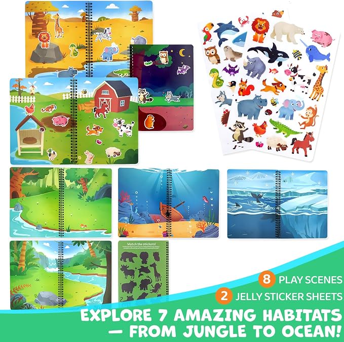 Reusable Sticker Book for Toddlers - Animals, 50 Washable Jelly Stickers | 8 Play Scenes, Animals Sticker Activity Book for Kids, Road Trip Travel Toys, Birthday Gift & Stocking Stuffer