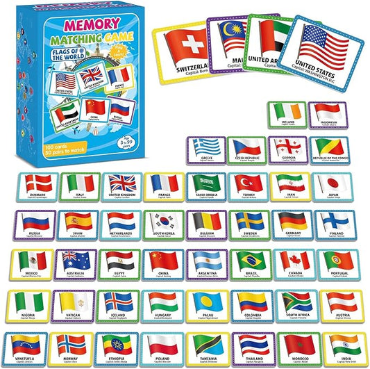 gisgfim 100 PCS Memory Matching Game Flags of The World Concentration Memory Card for Kids and Adults Learning Educational A Fun & Fast Countries of The World Matching Games