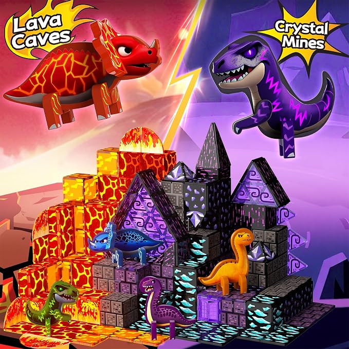 GobiDex 80PCS Dinosaur Toys Magnetic Tiles Building Blocks for Kids Ages 3+ | Jurassic Dinosaur World Adventure Theme, STEM Magnetic Blocks Building Play, Creative Brthday Gifts for Boys Girls