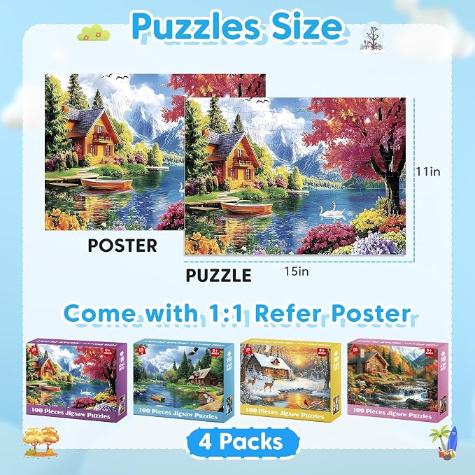 4-Pack 100 Piece Puzzles for Adults 4 Seasons Country Cottages