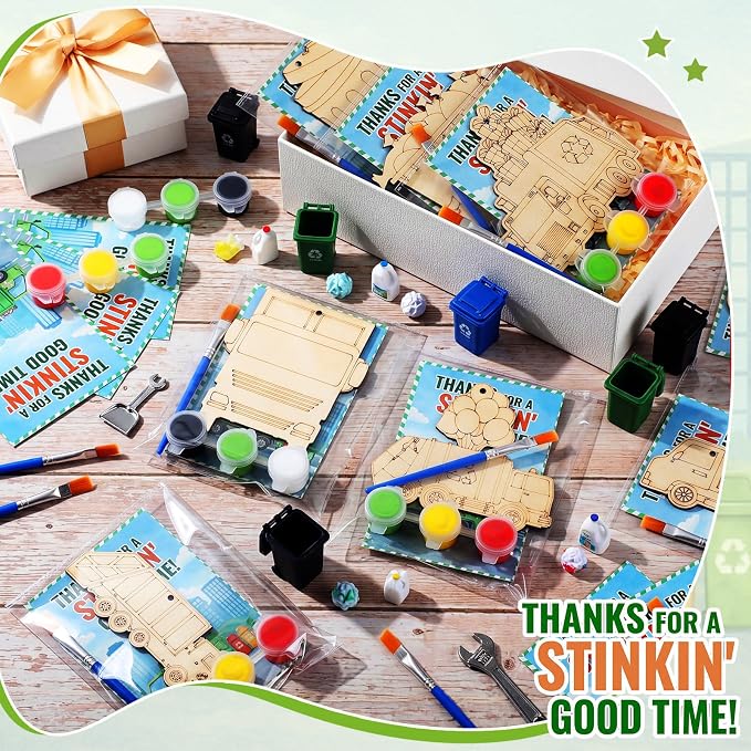 Saypacck 24 Pcs Garbage Truck Party Favors Wooden Paint Craft Kits | Kids DIY Wooden Craft, Trash Truck Cutout with Paints Brushes, Birthday Party Goodie Bags Fillers, Thank You Gifts