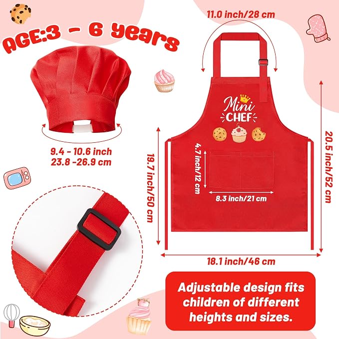 R HORSE 2 Pieces Kid Apron and Chef Hat Set, Dress up Pretend Play Toy | Red Mini Chef Adjustable Children Kitchen Apron with Pockets, Ideal for Cooking, Baking, Painting, Cooking Birthday Gift