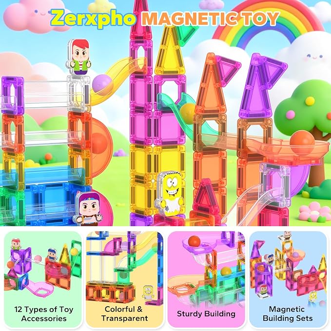 112 Pieces Mini Magnetic Tiles Building Toys for Kids Ages 4-8 Boys Girls | Zerxpho Magnetic Tiles with Rolling Balls and Cartoon Characters Imagination to Create a 3D World, STEM Learning Toys Gift