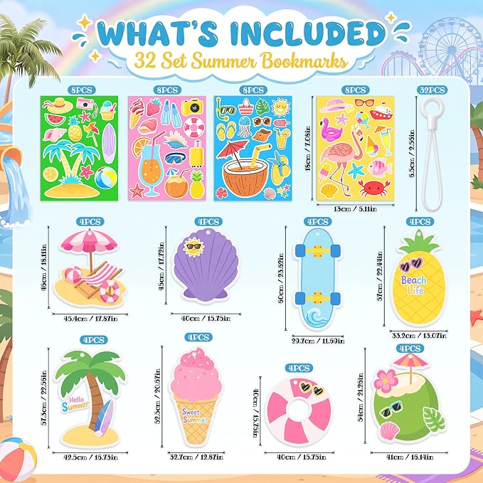 96 Pcs Summer Bookmark Craft Kits DIY Make Your Own Bookmark with Tropical Fruits Ice Cream Coconut Beach Stickers for Kids Classroom Activities Reading Rewards Birthday Camp Party Favors