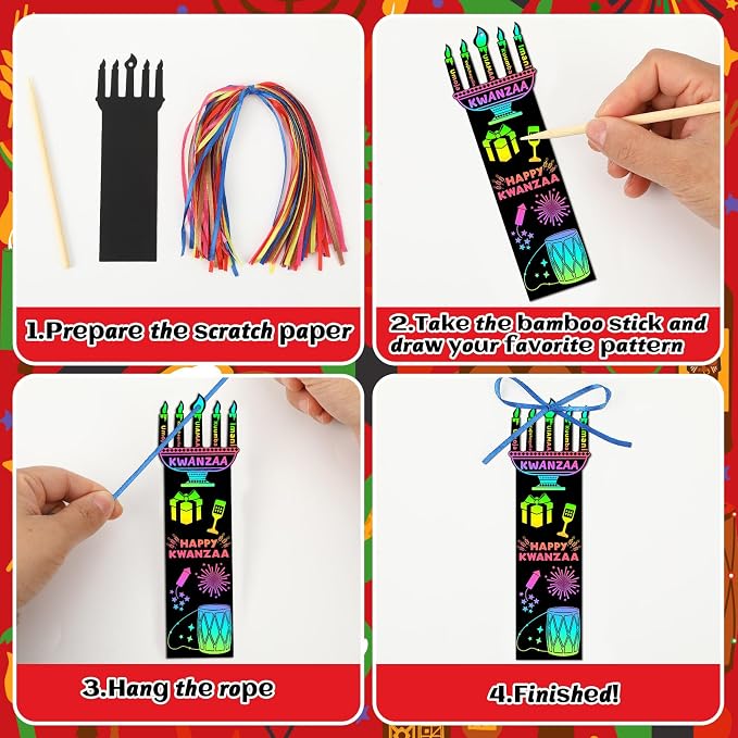 JUNEBRUSHS 30Pcs Kwanzaa Craft for Kids, Rainbow Magic Scratch Art Bookmark | Paper Kwanzaa Gifts for Kids, School Classroom Activities, Games DIY Arts and Crafts Kit Party Favors