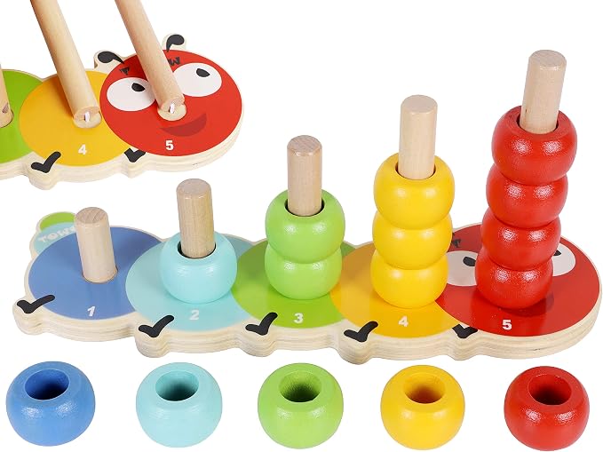 TOWO Wooden Stacking Rings Toy, Caterpillar Counting Ring Stacker | 5-peg ring stacker with counting rings; supports color sorting, fine motor skills and early learning, gift age 1+.