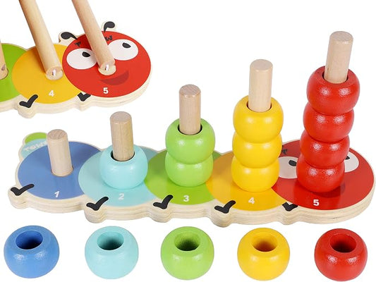 TOWO Wooden Stacking Rings Toy, Caterpillar Counting Ring Stacker | 5-peg ring stacker with counting rings; supports color sorting, fine motor skills and early learning, gift age 1+.