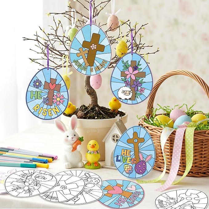 ANGOLIO Easter Color Your Own Egg Ornaments Kit for Kids 83Pcs Christian Religious DIY Coloring Craft Kit Cross He is Risen Jesus is Alike Card Sunday School Classroom Church Party Art Craft Project