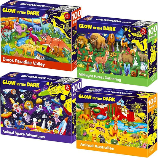 100 Piece Jigsaw Puzzles for Kids Ages 8-10 - 4 Kids Puzzles Ages 6-8 | Glow in the Dark Space Dinosaur Animals - Kids Puzzles Ages 10-12 - Fun Learning Games Gift for Boys and Girls