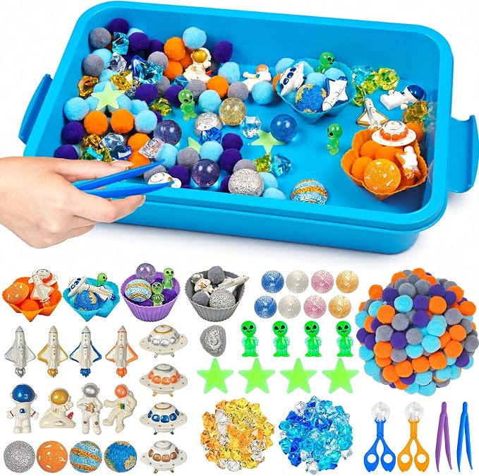 Cinrobiye 206 Pcs Outer Space Sensory Bin Fillers Set with Storage Box, Rocket Spaceship Astronaut Galaxy Accessories, Space Theme Activity Materials for Classroom, Home Projects, Picnic Sensory Bins
