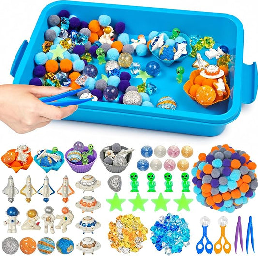 Cinrobiye 206 Pcs Outer Space Sensory Bin Fillers Set with Storage Box, Rocket Spaceship Astronaut Galaxy Accessories, Space Theme Activity Materials for Classroom, Home Projects, Picnic Sensory Bins