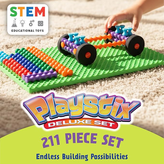 POPULAR PLAYTHINGS Playstix Deluxe Set, 211 Piece, Building Sticks Kit | for Kids Ages 4 and Up, Construction Stem Building Toy Gift, for Boys & Girls, for Kids