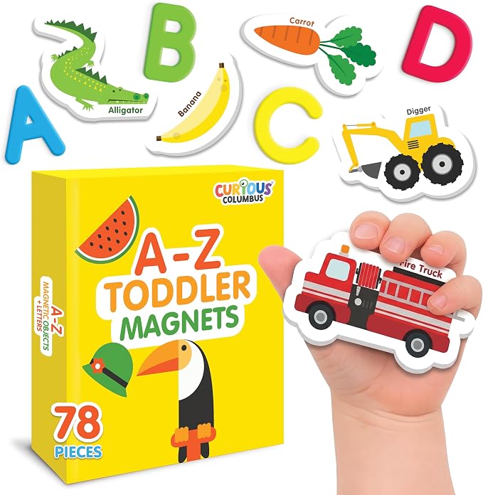 Curious Columbus Magnetic Objects and Letters, Foam Fridge Magnets for Kids | 52 Pictures and 26 Uppercase Alphabet Magnets from A-Z, Educational Toy for Preschool Learning, Full Magnetic Backing