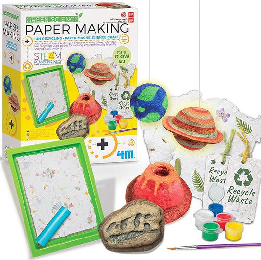 4M Green Science Paper Making Kit for Kids Ages 5-12 – Recycled Paper Craft STEM Set with Moulds, Glow-in-the-Dark Paint, Dinosaur & Planet Molds, Red Dot Award Winner, Eco-Friendly DIY Gift