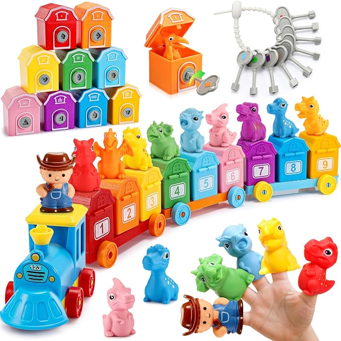Toddler Montessori Learning Toys for 2 3 4 5 Year Old Boys, Kids Dinosaur Train Matching Toys with Locks & Keys | Counting & Sorting Trains Set, Preschool Toy Boy Girls Birthday Gifts Ages 2-4 3-5